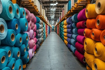 Rows of colorful spools of yarn stacked in a warehouse