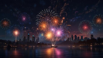 Fototapeta premium Skyscrapers Illuminate with Fireworks Overhead, Night Sky Filled with Colorful Light Bursts: Stunning Celebration of Modern Cityscape Architecture with Festive Atmosphere of Bright Lights