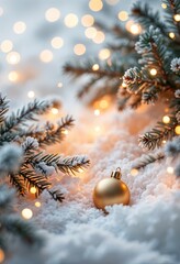 Frosted Pine and Glowing Lantern in Serene Christmas Scene