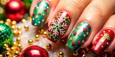 Festive Christmas Decorated Nails with Glitter and Holiday Designs for Nail Art Lovers