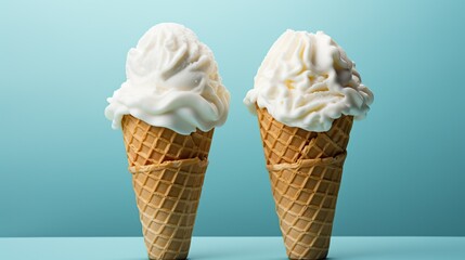 Two scoops of vanilla ice cream in waffle cones, on a blue background. (2)