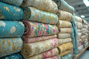 Rolls of Floral Patterned Fabric Stacked on a Shelf