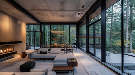 Fototapeta premium Modern Living Room with Fireplace and Large Windows Overlooking a Forest