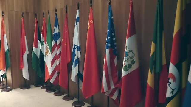 Flags of different countries in the 50s and 60s gathered to sign important interstate treaties. Shot in motion