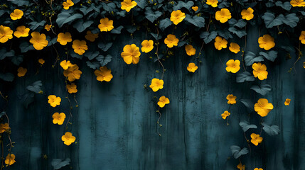 Yellow Flowers Vines on a Blue Wall Illustration