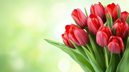 Obraz premium Vibrant red tulips blooming in a spring bouquet, with a softly blurred green background, perfect for Easter or springtime promotions with space for text