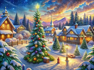 Festive Christmas Drawings in a Panoramic Winter Wonderland Scene