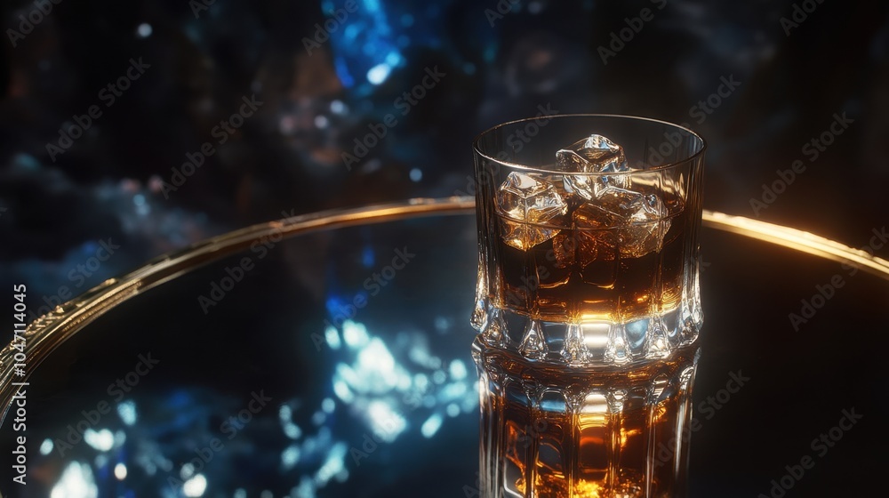 Poster whiskey glass filled with ice cubes, placed on a mirrored table against a dark backdrop, with open s