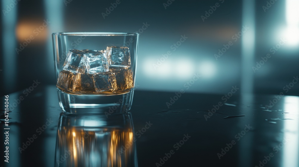 Poster whiskey glass filled with ice cubes, placed on a mirrored table against a dark backdrop, with open s