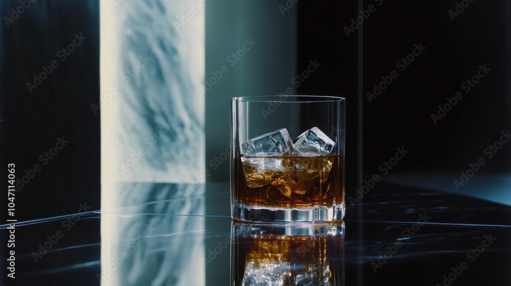 Poster whiskey glass filled with ice cubes, placed on a mirrored table against a dark backdrop, with open s