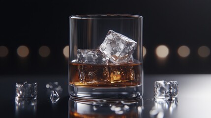 Whiskey glass with ice cubes shown up close, placed on a reflective surface with a black background, with space for text or design