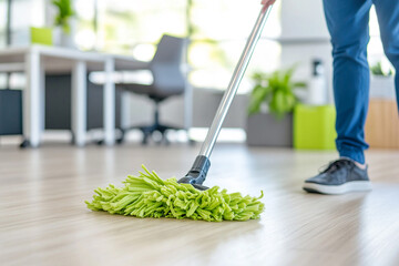 
A man mopping the floor in an office, wide angle, daytime, 