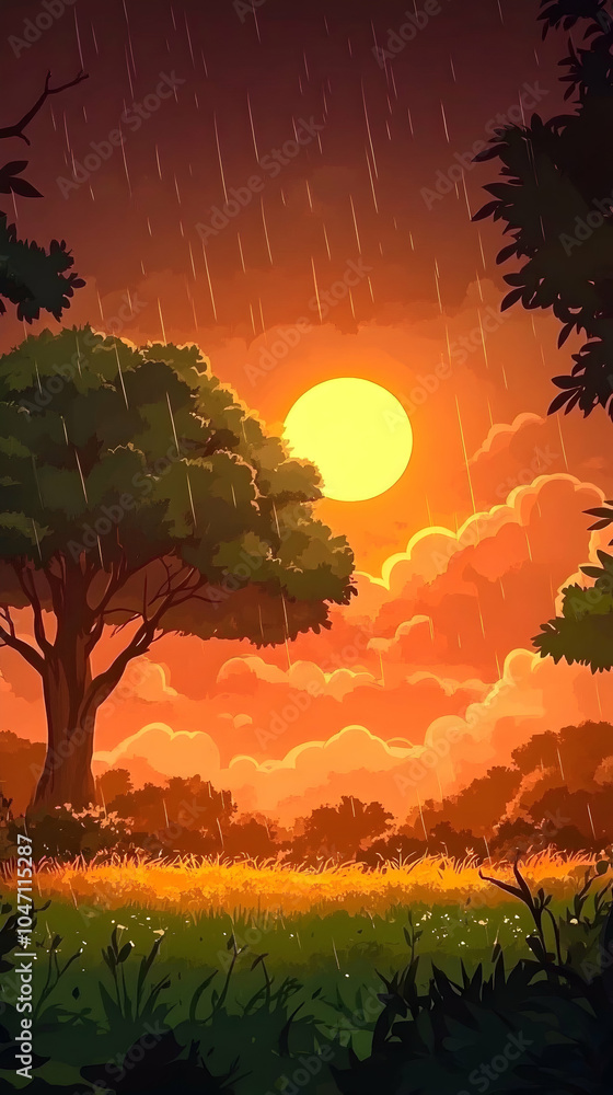 Poster a large tree stands in a field with the sun setting behind it as rain falls from a cloudy sky.