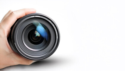 Camera lens on side position provides copy space for text. background concept isolated white