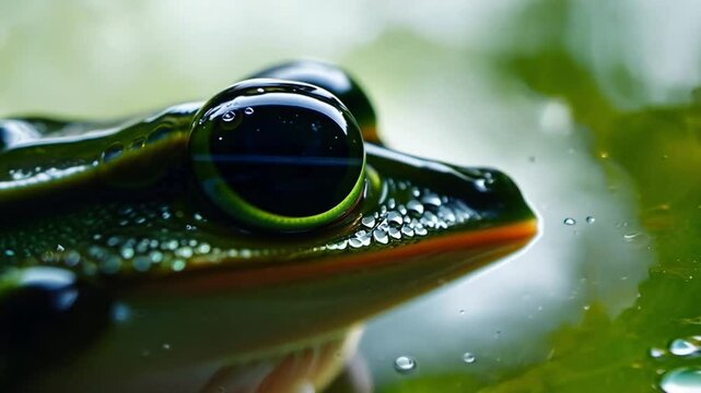 Green frog partially submerging in water while taking breaths, showcasing its vibrant skin and intricate details