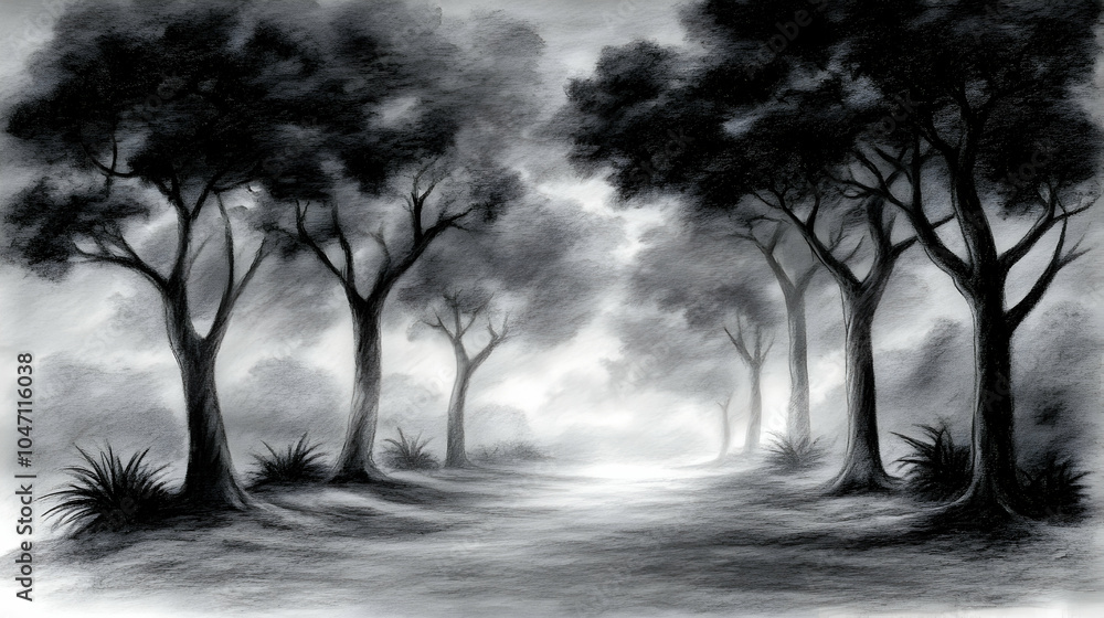 Poster a misty forest path leads to a light source in a grayscale painting.