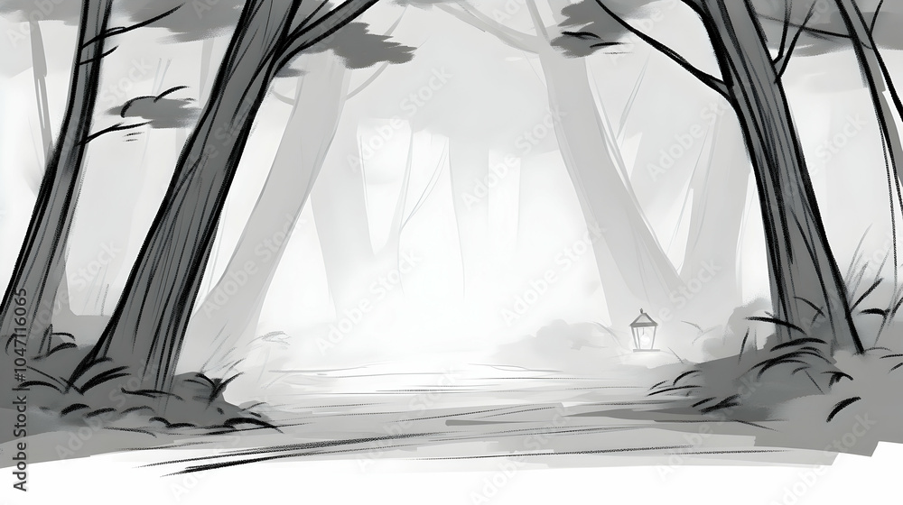Poster a misty forest path with a single lantern at the end.