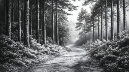 A misty forest path leads through tall trees.