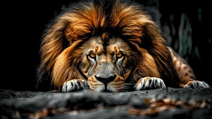 A majestic lion with a thick mane, lying in a relaxed pose, exuding power and grace.