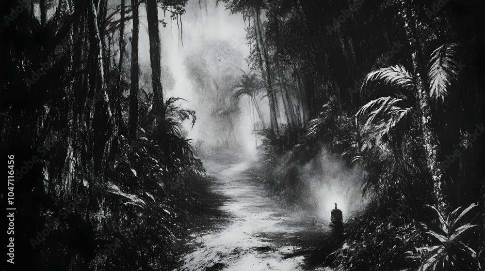 Poster a mysterious path through a dark and foggy forest.
