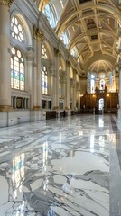 A grand interior of a cathedral featuring marble flooring and stained glass windows.