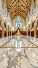A grand interior of a cathedral featuring stained glass and marble flooring.