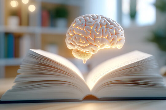 
A magical open book with glowing pages and an ancient brain floating above it, with golden hour lighting, - Powered by Adobe
