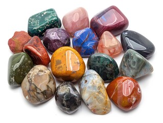 A group of multicolored gemstones in a scattered pattern, isolated on white