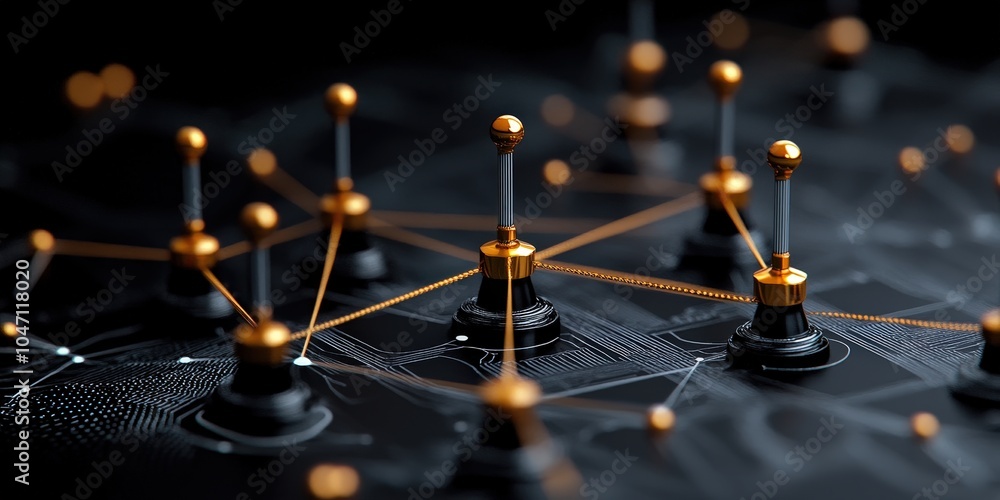Aufkleber abstract network connection concept gold nodes and wires on black circuit board