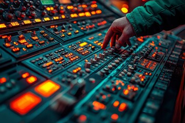 Obraz premium A Hand Reaching for a Control Panel with Orange Buttons and Knobs