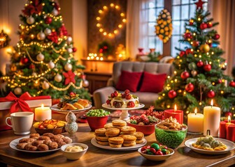 Naklejka premium Festive Christmas Snack Table with Treats and Decor for Holiday Celebrations