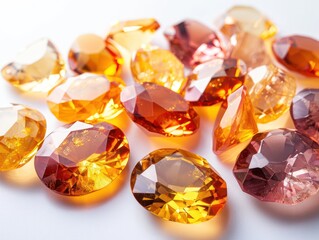 Fototapeta premium A group of polished topaz gemstones in yellow and orange, scattered on white