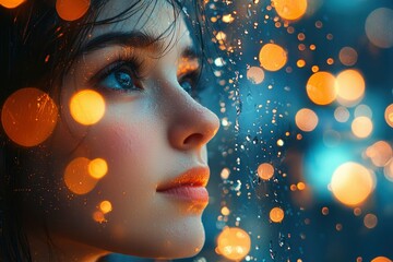 Woman's Face with Rain and Bokeh Lights