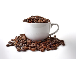 Fototapeta premium Coffee cup with coffee beans on side position provides copy space for text. background concept isolated white