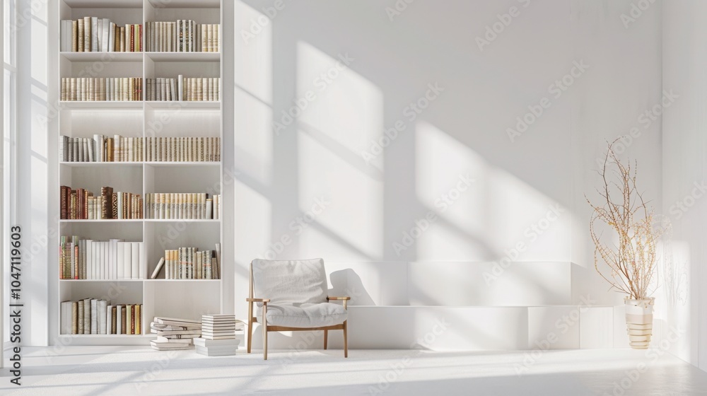 Poster A minimalistic yet functional library design featuring a clean white canvas backdrop, Thoughtfully arranged minimalist reading nooks, Scandinavian minimalist style