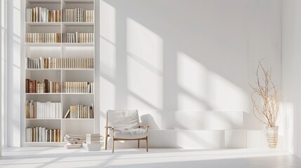 A minimalistic yet functional library design featuring a clean white canvas backdrop, Thoughtfully arranged minimalist reading nooks, Scandinavian minimalist style