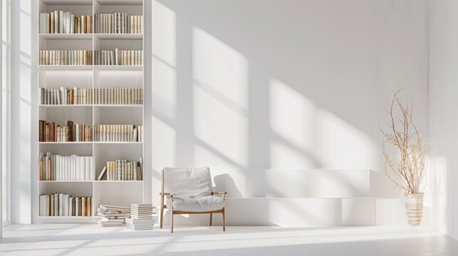 A minimalistic yet functional library design featuring a clean white canvas backdrop, Thoughtfully arranged minimalist reading nooks, Scandinavian minimalist style