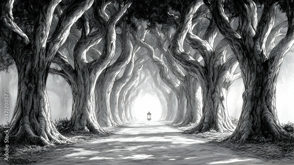 Poster a single lantern illuminates a path through a misty, tree-lined tunnel.