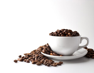 Fototapeta premium Coffee cup with coffee beans on side position provides copy space for text. background concept isolated white