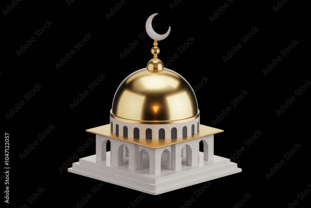 Poster A miniature model of a mosque with a golden dome and a crescent moon on top.