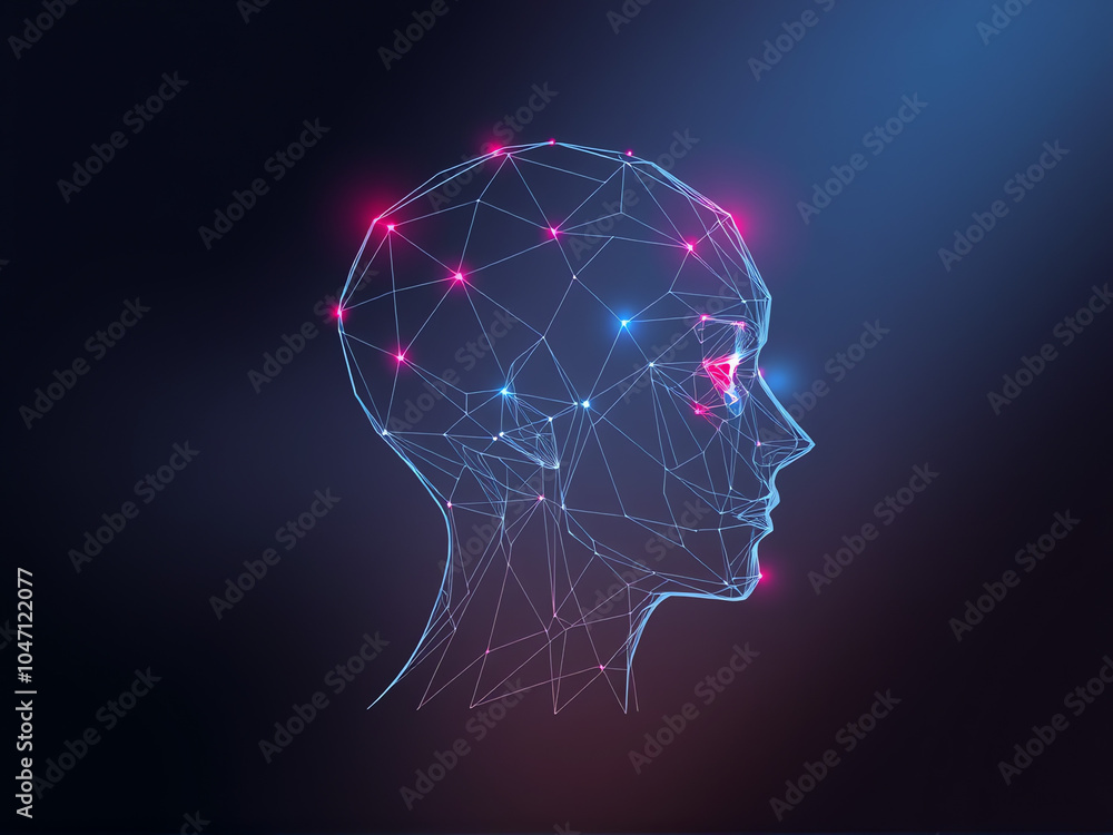 Poster a futuristic representation of a human head created with a network of lights and geometric shapes se