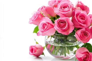 Pink roses in glass vase with water droplets