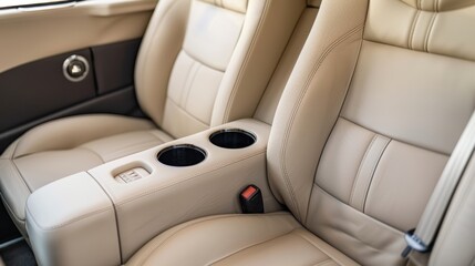 Luxurious beige leather car seats with armrests and cup holders in a modern vehicle, perfect for a relaxing road trip. Safe, elegant, and comfortable transportation experience