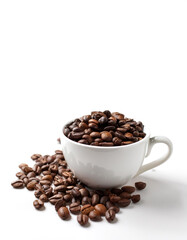 Obraz premium Coffee cup with coffee beans on side position provides copy space for text. background concept isolated white