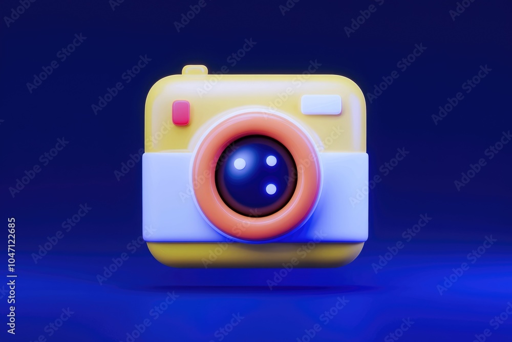 Poster a 3d rendering of a yellow and orange camera icon on a blue background.