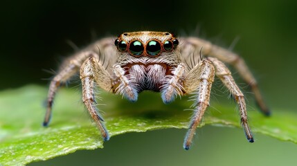 Fototapeta premium Macro Photography of Jumping Spider on Green Leaf Wild Nature Close up Arachnid Entomo