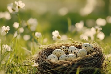 Obraz premium Speckled eggs in nest on grassy field