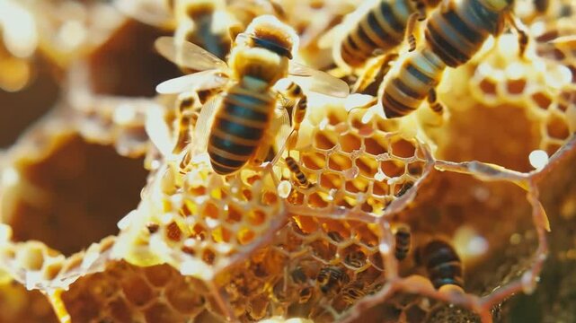 Bees actively building honeycombs within a beehive showcase the intricate process of hive construction and teamwork
