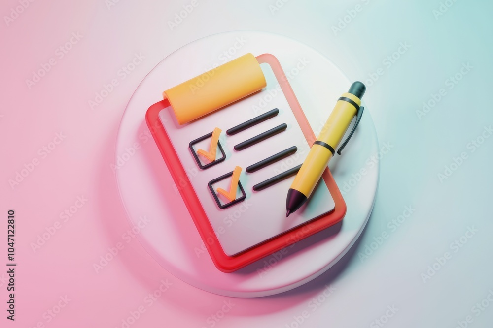 Aufkleber A 3D rendering of a clipboard with a checklist and a pen  representing task management.