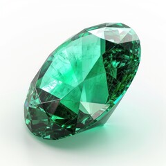 A large oval-shaped emerald gemstone, bright green and glossy, isolated on a white background